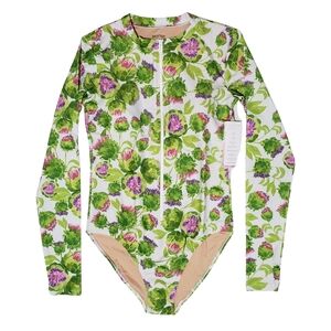 Mott 50 Mila One-Piece Swimsuit Long Sleeve Padded Small Green Violetta Print💚